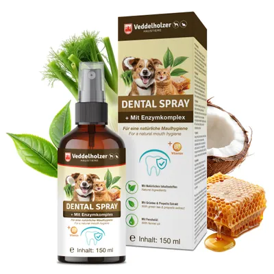 Produktbild von Veddelholzer 150 ml Probiotisches Dentalspray Set für Hunde & Katzen mit Fingerzahnbürste & Enzymkomplex Zahnpflege Zahnsteinentferner