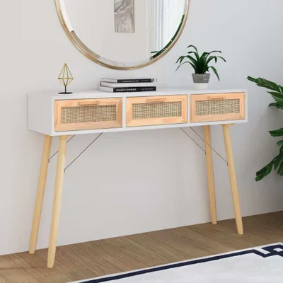 Image de vidaXL Table de console blanc 105x30x75 cm pin massif rotin naturel - Table de console - Tables de console - Table - Table de couloir
