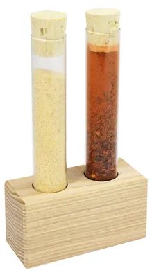 Produktbild von Reagenzglasständer aus Eschenholz mit 2 Reagenzgläsern & Korken 145 x 23,75 mm – Gewürzgläser für Kräuter, Blumen & Deko – Reagenzglashalter aus Esche für Küche und Tischdeko