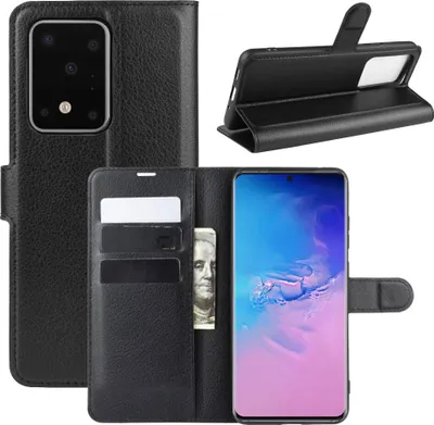 A black leather flip case for a Samsung Galaxy S20 Ultra phone, shown open with the phone inserted and a dollar bill tucked into a card slot.