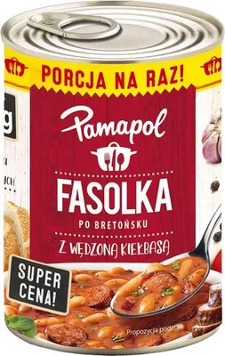 Produktbild von Pamapol "Fasolka po bretonsku"  Weiße Bohnen mit Würstchen in Tomatensauce 380g