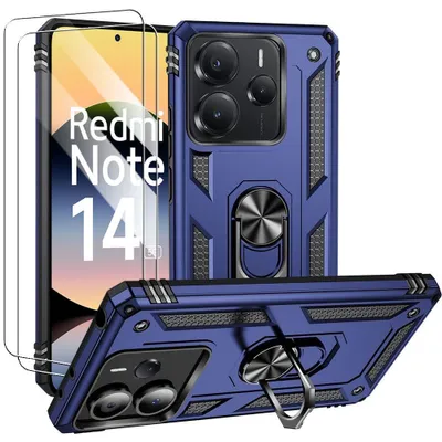 Image de Coque pour Xiaomi Redmi Note 14 5G (pas pour 4G) Protection Antichoc Rigide avec Anneau - Bleu Marine + 2 Verres Trempés