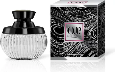 A perfume bottle and its packaging are displayed on a white background.