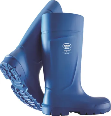 A pair of blue work boots.