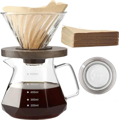 Produktbild von Lalord Pour Over Kaffeebereiter, 600 ml Borosilikat Glaskanne Set mit 02 Papierfilter 100 Blätter, Walnusshenkel, Für Zuhause, Café, Restaurant und Camping, 20 unze, 1 bis 3 Tassen