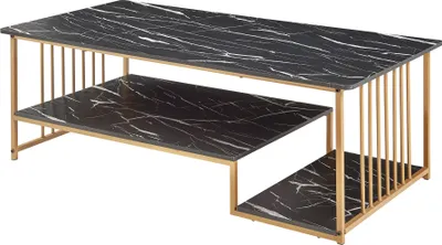 A modern coffee table with a black marble-effect top and gold metal frame.