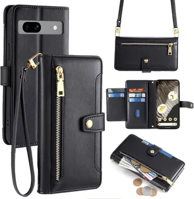 Collage of a black leather phone case with multiple views and features shown.