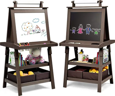 Produktbild von Kinder Staffelei, Whiteboard & Kreidetafel 2 in 1, Doppelseitige Standstaffel mit Zeichenpapier, Schreib- & Malbrett inkl. 2 Pigmentbecher, Zeichentafel mit 2 Ablagen, 59x50x117cm (Kaffee)