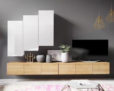 Produktbild von Wohnwand Amanda XI Breite 300cm Anbauwand Moderne Schrankwand TV-Schrank (Weiß matt + Weiß Hochglanz Fronten / Goldene Eiche)