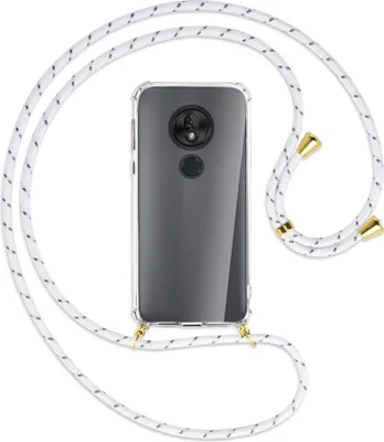 Produktbild von Handykette Backcover-Schutzhülle mit Band (Metall goldfarben) für Motorola Moto G7 Play - weiß/grau