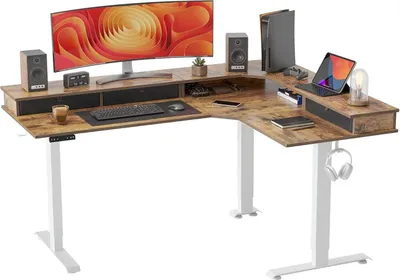 Obrázok produktu pre Elektrický stôl FEZIBO s nastaviteľnou výškou a 3 motormi v tvare L 160x120 cm biely/hnedý