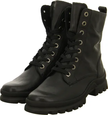A pair of black lace-up boots on a white background.
