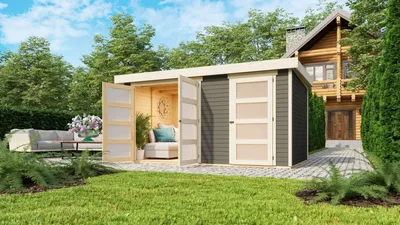 Produktbild von Karibu Gartenhaus Gerätehaus 2-Raum-Haus Mühlentrup 2 terragrau 404x272x212 cm