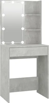 A grey dressing table with a mirror and lights, and two shelves on the side.