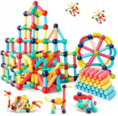 A collection of magnetic building blocks arranged in various structures and shapes.
