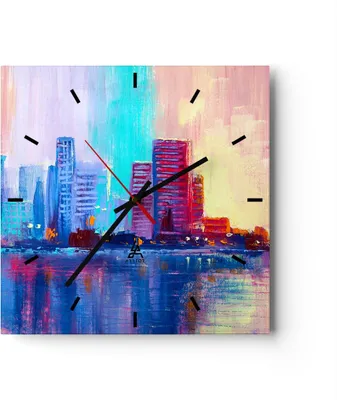 Produktbild von Wanduhr - Quadrat - Glasuhr - Stadt Haus Straße - 40x40cm - Schleichendes Uhrwerk - Lautlos - zum Aufhängen bereit - Dekoration Modern - Wanddekoration aus Glas - C3AC40x40-4023