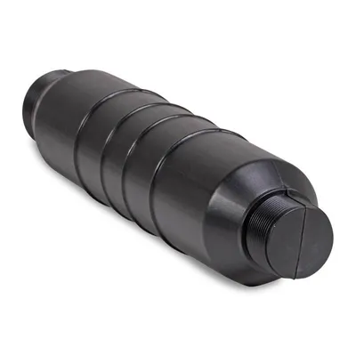 A black cylindrical object with ribbed sides and a threaded cap on one end, isolated on a white background.