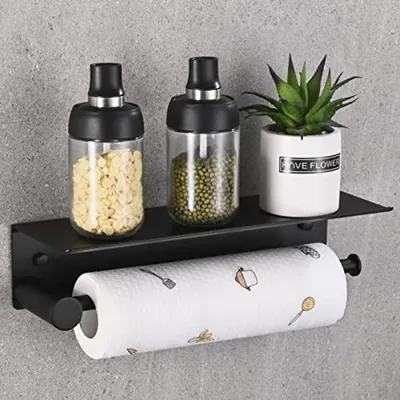 Produktbild von PromoHome® Küchenrollenhalter Wand, Aluminium, selbstklebend ohne Bohren, mit Ablage, 34 cm, schwarz
