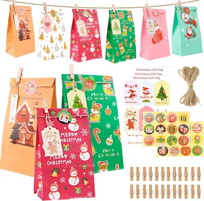 Imagen del producto de Calendario de adviento para rellenar: 24 bolsitas de papel para el calendario de adviento con pegatinas de números. Bolsitas para regalos de Navidad 2024