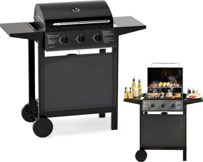 Obrázek produktu pro Plynový gril KOMFOTTEU se 3 hořáky a teploměrem, 24 000 BTU, venkovní gril, 2 boční desky, grilovací rošt, 2 kolečka, gril pro zahradu, kempování, dvůr, 106 x 47 x 98 cm