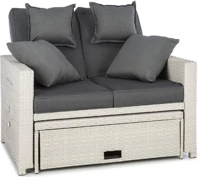 Produktbild von blumfeldt Komfortzone - Gartensofa, Terrassen-Sofa, Rattan-Sofa, 2 Personen, Sitzpolster, stabiles Stahlrohr, ausziehbarer Fußteil, klappbare Rückenlehne, bis 200 kg, inkl. 2 x Kissen, weiß