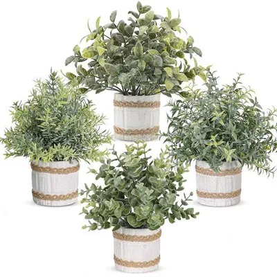 Produktbild von Unyqoos® Set mit 4 dekorativen Kunstpflanzen in grauen Töpfen, 23 cm hoch, pflegeleicht und vielseitig einsetzbar