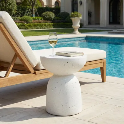 Image de Table d'appoint Merax Outdoor en MgO aspect travertin, résistante aux intempéries, légère et moderne, table de jardin pour le jardin, le balcon, la terrasse ou l'intérieur, blanc
