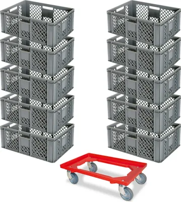 Produktbild von 10 Euroboxen, 600x400x240 mm, grau, lebensmittelecht + GRATIS Transportroller