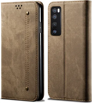 Produktbild von Huawei Nova 7 Pro Hülle, LaimTop Denim Leder Brieftasche Magnetverschluss Flip Bookstyle Schutzhülle mit Standfunktion für Huawei Nova 7 Pro Huawei Nova 7 Pro Khaki