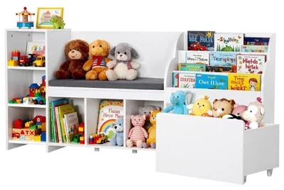 Image de Étagère pour enfants avec banc intégré et espace de rangement, blanche, 170 x 40 x 80 cm