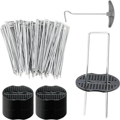 Image de Ancres de base antirouille - 50 pièces de 150 mm de long + set de 50 anneaux tampon de 40 mm de large, diamètre 2,2 mm - ancres de base stables pour le tissu racinaire, le voile de jardin, la clôture et le camping