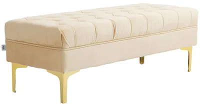 Produktbild von Gepolsterte Bettbank mit Bezug aus gestepptem Samtimitat, 118 x 45 x 42 cm, beige