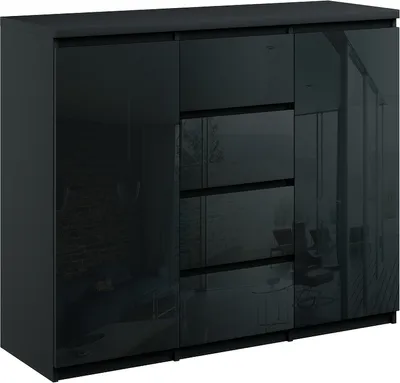 Produktbild von Kommode mit 4 Schubladen 2 Schränke 140cm Klamotenschrank Schwarz Hochglanz