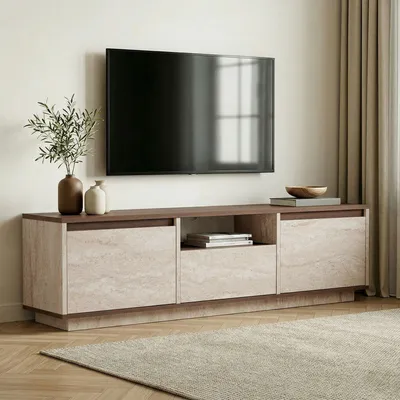 Image de Skye Decor, support TV de haute qualité (lot de 3), en travertin et en bois de noyer Milano, 160 cm