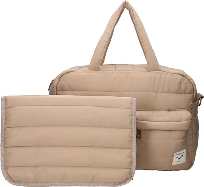 A beige diaper bag and changing pad are shown against a white background.