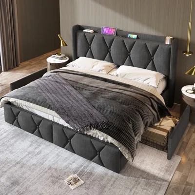 Image de MODFU Lit Double 140x200 avec 4 Tiroirs et Ports USB Intégrés, Capitonné et Matelas Inclus - Tissu Gris