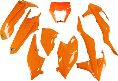Imagen del producto de Kit de carrocería UFO PLAST de 8 piezas, fabricado en plástico, para KTM EXC Sixdays, EXC-F 125 - 500 ccm, modelos de 2017 a 2019, color: naranja, código OEM
