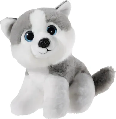 A plush toy husky puppy sitting on a white background.