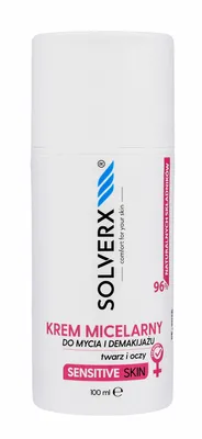 A white bottle of SOLVERX micellar cleansing and makeup remover cream for sensitive skin.