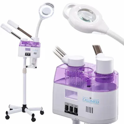 Immagine prodotto di Vapozone cosmetico per ossigenare e ammorbidire la pelle, con stativo e vapore, Immagine generata dall'IA