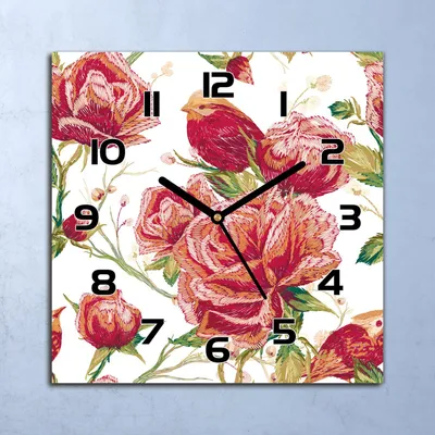 Produktbild von Wanduhr Echt-Glas-Küchenuhr Rote Vögel & Blumen Quarz 30x30 Deko Bilder