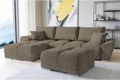Produktbild von Set Velvet Ecksofa in L-Form 289 x 189 cm + Polsterhocker, Sofa mit Schlaffunktion, Fußhocker, Schlafsofa mit Bettkasten, Sitzpouf Farbe: Beige