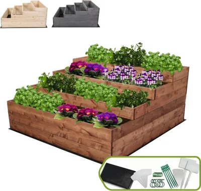 Produktbild von MODO24 Hochbeet Holz, Pflanzkasten, Massivholz, Kiefer, Kräuterbeet, Blumenkasten, Garten, Terrasse, 54x117x120 cm, Braun, ZP07