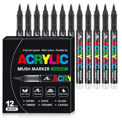 Obrázek produktu pro Akrylové fixy, voděodolné, 1-5 mm, štětec, černá barva, sada 12 kusů