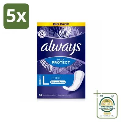 Imagen del producto de 5 unidades de toallas absorbentes diarias "Always Daily Protect Long", sin perfume, en paquete económico
