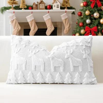 Productafbeelding van Kussensloop, wollen pluche, kerstboom, eland, wit, 40x60 cm, 1 stuk