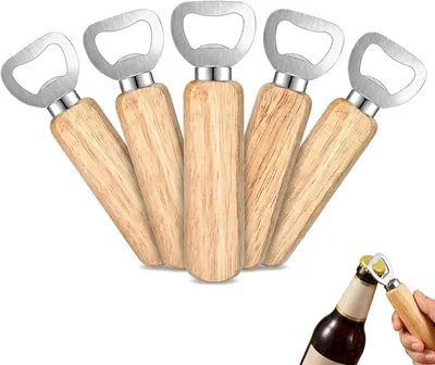 Produktbild von 5 Stück Flaschenöffner, Edelstahl, Holzgriff | Personalisierter Kronkorkenöffner, Kapselheber, Bieröffner, tragbares Geschenk für Männer, mit Holzgriff, Edelstahl
