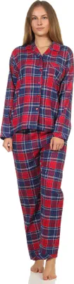 Produktbild von Damen Flanell Pyjama Schlafanzug kariert mit Knopfleiste und Hemdkragen - 202 201 15 600 ; Karo blau , 44