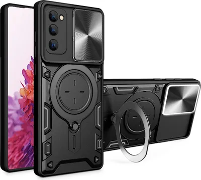 Produktbild von Handyhülle für Samsung Galaxy S20 FE 5G/4G Dual-Layer Stoßfest Rüstung Hülle mit Dia Kameraschutz und Kreisförmig Ring Ständer Schwarz