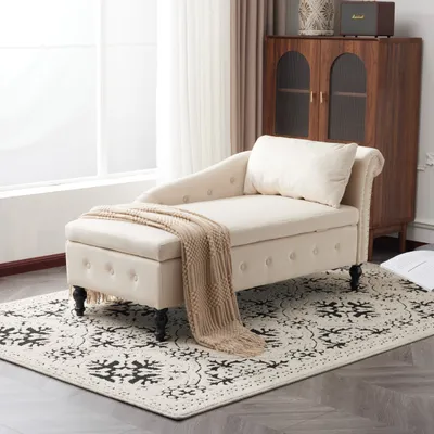 Produktbild von Merax Chaiselongue-Sofa aus Samt mit Stauraum, gepolsterte Loungesessel mit Nagelkopfbesatz und Knopfheftung, Einzelsessel mit Kissen, rechte Armlehne